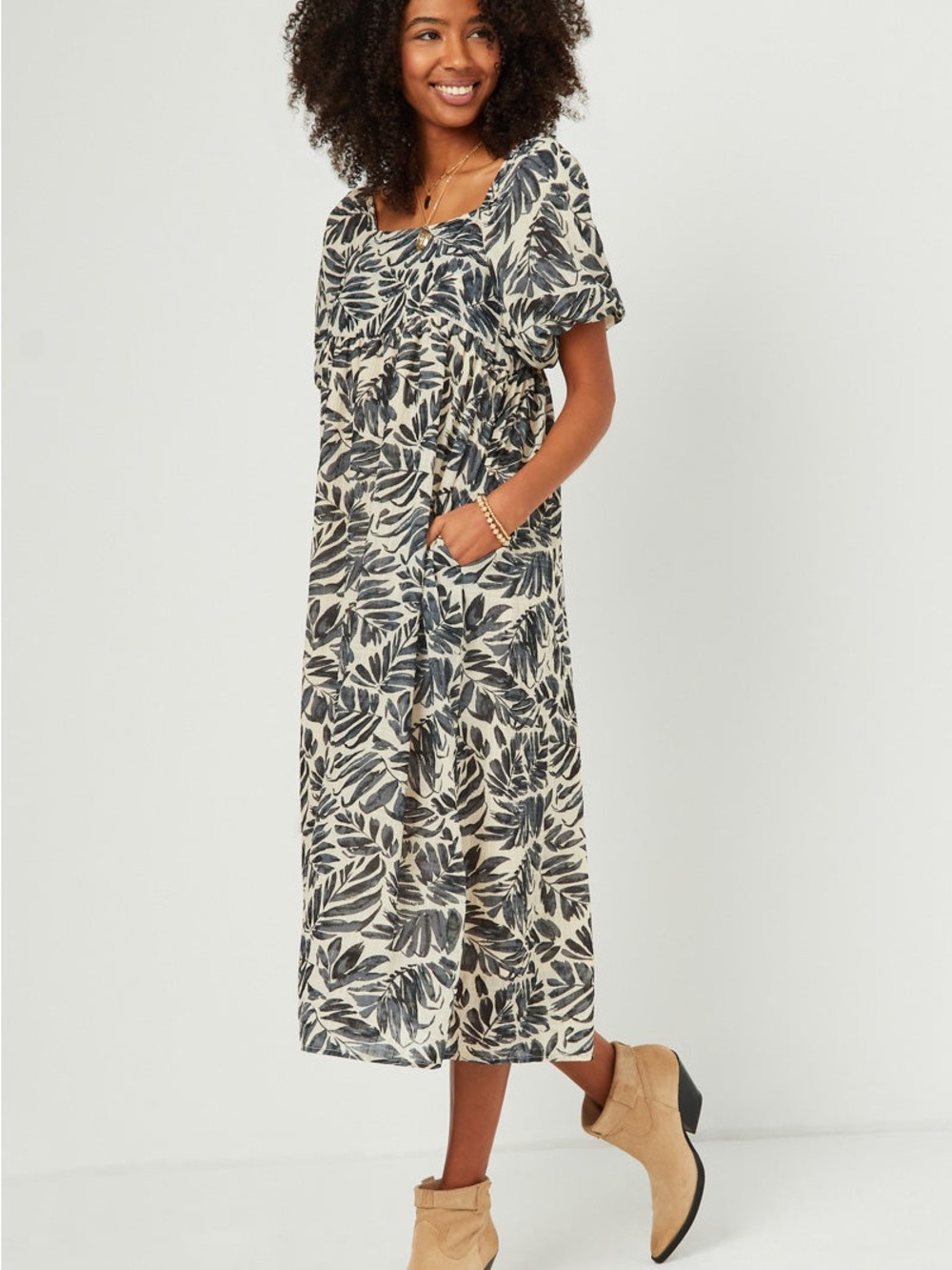 Midi Watercolor Leaf Print Midi Dress Puff Sleeve Flowy Feminine Delicate Fall